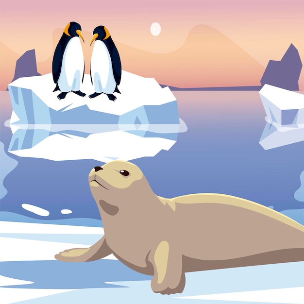 ペンギンのカップルと溶けた氷山の海のイラストで封印 プレミアムベクター