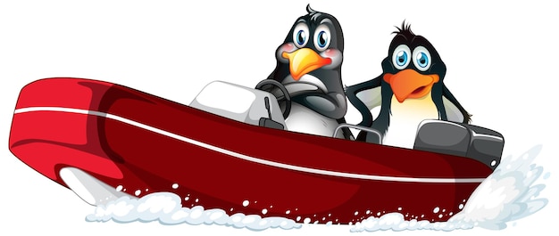 漫画のスタイルでスピードボートに乗ってペンギン
