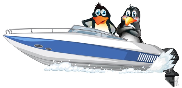 Free vector penguins on a speed boat in cartoon style