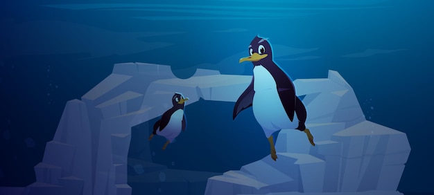 Penguins swim underwater in antarctic ocean