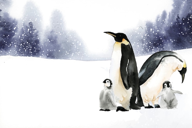 Пингвины в векторе акварели зимой чудес