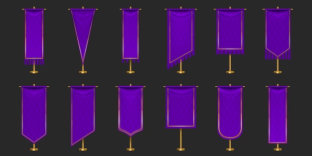 Pennant flags of purple and gold colors mockup, blank vertical banners with different edge shapes hanging on flagpole.