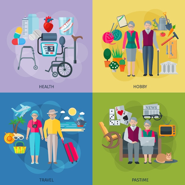  Pensioners life concept icons set with health hobby travel and pastime symbols 