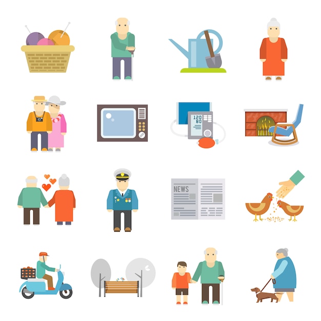 Pensioners life flat icons set