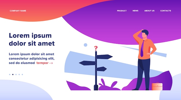 物思いにふけるビジネスマンが意思決定。道路方向標識に立っているオフィススーツの男。機会、ソリューション、アイデアコンセプトのベクトル図