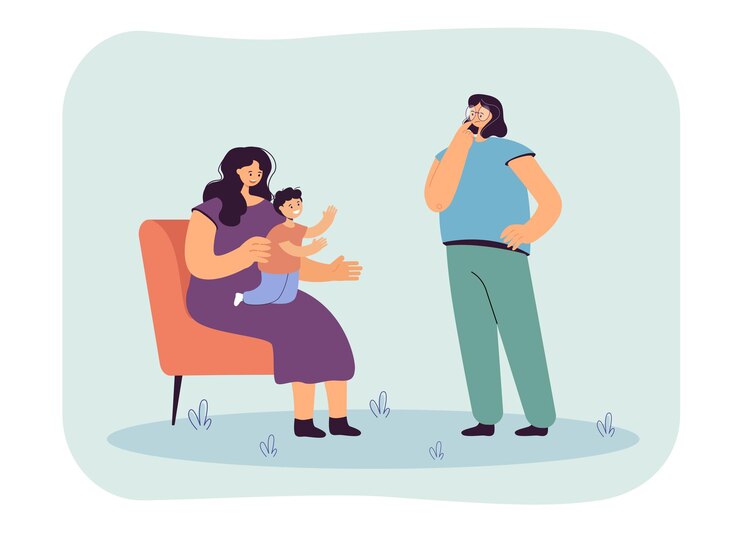 Free Vector pensive girl standing near mom with kid flat vector illustration. happy little boy reaching hands for elder sister. childhood, family, love concept for banner, website design or landing web page