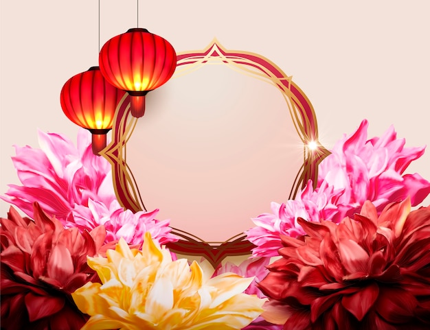 Peony flower and paper lantern background with copy space