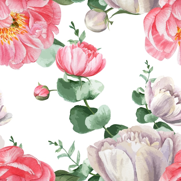 Vettore gratuito la peonia fiorisce il tessuto d'annata botanico floreale senza cuciture dell'acquerello di stile dell'acquerello del modello dell'acquerello
