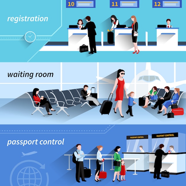 Free vector people in airport horizontal banners set with waiting room elements isolated