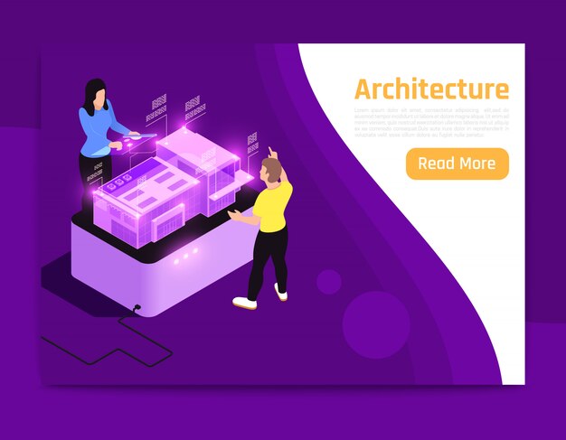 無料ベクター 人とインターフェイスは、仕事のベクトル図に2人と等尺性組成バナーアーキテクチャ説明を輝きます
