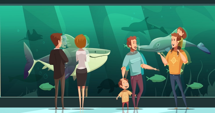 मुफ़्त वेक्टर people in aquarium design composition with adults and children looking at floating fishes flat vector illustration 