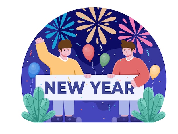 People are celebrating new year together cartoon illustration happy new year 2022
