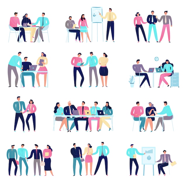 Бесплатное векторное изображение Люди на деловой встрече плоские красочные иконки набор, изолированные на белом