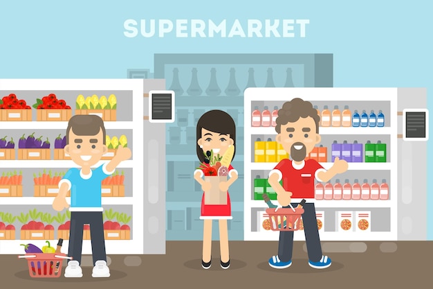 スーパーマーケットの人々食べ物を買う男性と女性