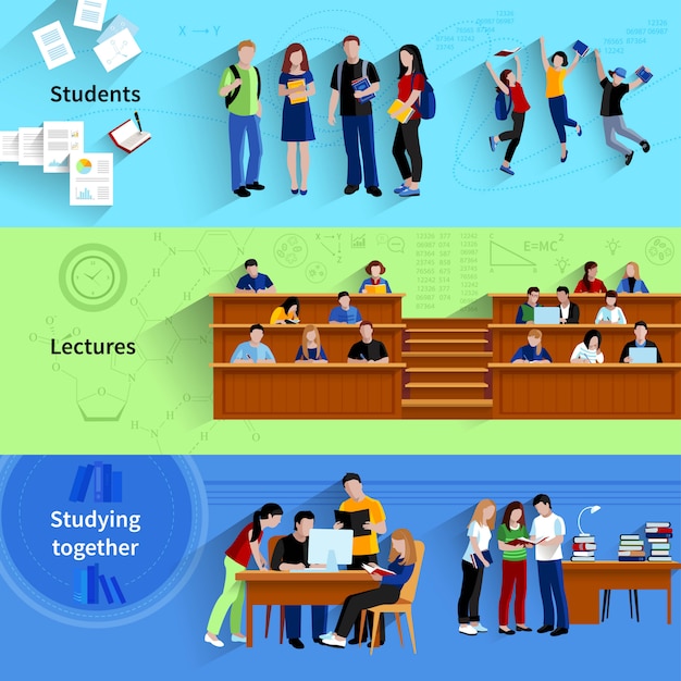 無料ベクター 一緒に勉強している学生と大学フラット水平方向のバナーの人々