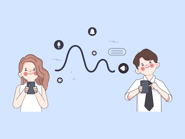 Люди в аудио-голосовом общении и приложении для социальных сетей на смартфоне Doodle cartoon hand