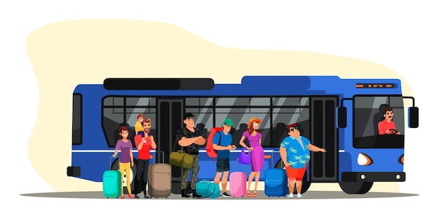 Free vector people on auto station man woman kid standing near transport waiting for passenger boarding driver in city blue big bus