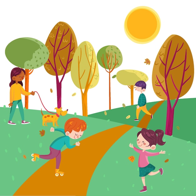 Vettore gratuito la gente nell'illustrazione del parco di autunno