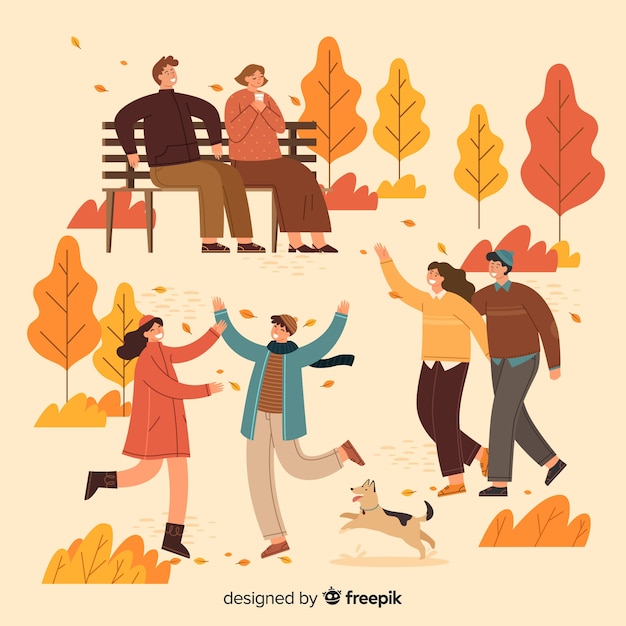 Free vector people in the autumn park illustration