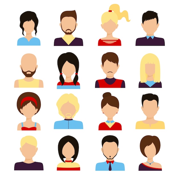 People avatar male and female human faces social network icons set isolated vector illustration