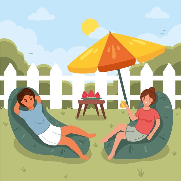 뒤뜰 staycation 개념의 사람들