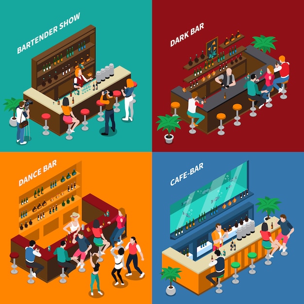 Free vector people in bar isometric 2x2 design concept