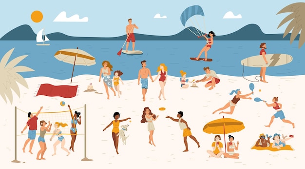 Free vector people on beach characters summer sports leisure