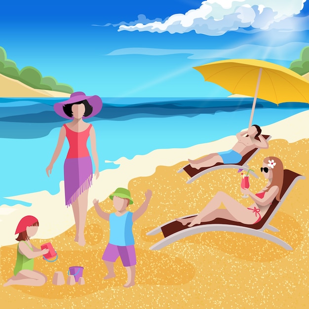 Free vector people on beach composition with tropical sea landscape kids sporting upon the shore