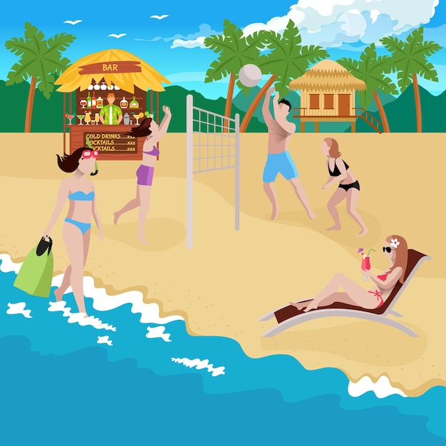 バーバンガローとバレーボールの遊び場のある海岸線と砂浜の景色を望むビーチのイラストの人々