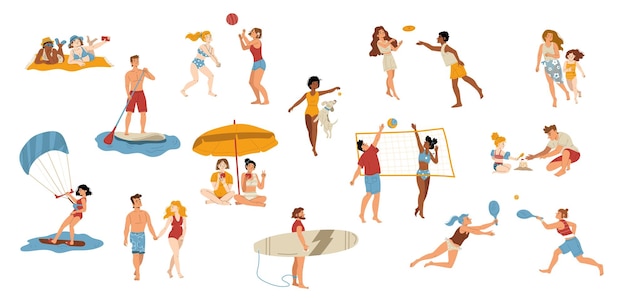 Free vector people on beach isolated set characters at sea
