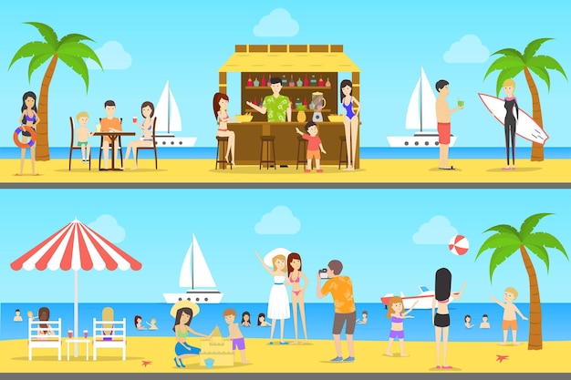 Free vector people at the beach set of illustrations cafe with fresh drinks yachts and surfing summer resort