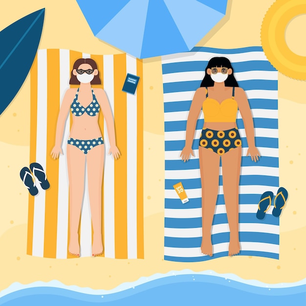 People wearing face masks on the beach – Vector Templates