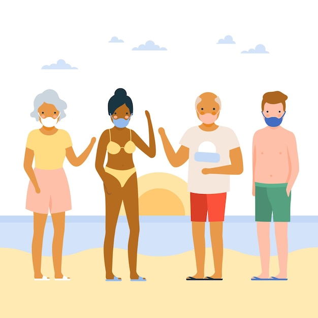 Free vector people on the beach wearing face masks