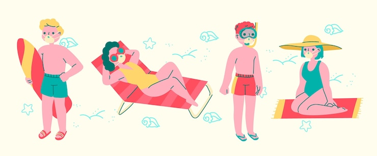 Free Vector people on the beach wearing face masks