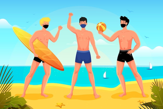 Free vector people on the beach wearing face masks