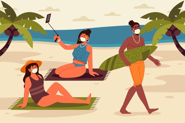 Free vector people on the beach wearing face masks