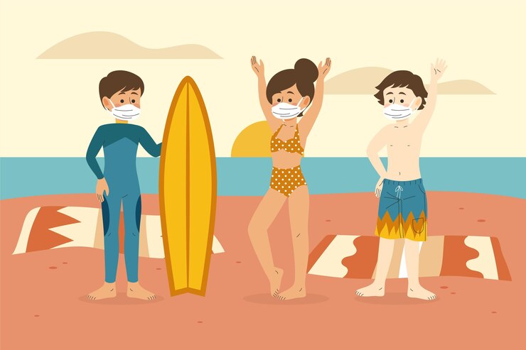 Free Vector people on the beach wearing face masks