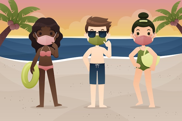 People on the beach wearing face masks