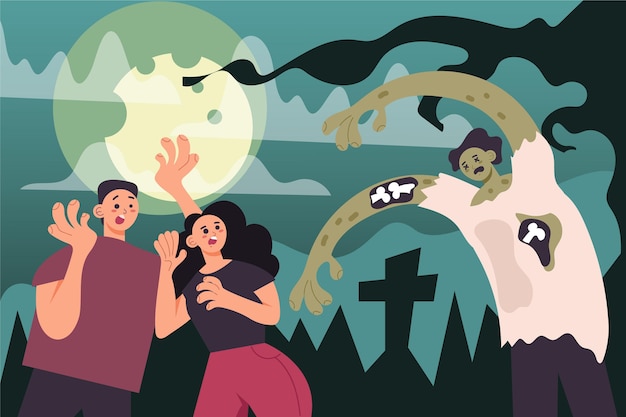 People being scared by a zombie in a cemetery