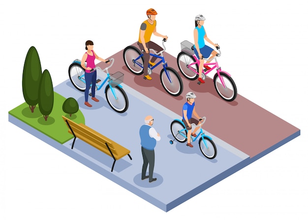 People and bicycle isometric composition with family riding
bicycles in city park vector illustration