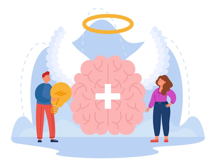 Free Vector people next to brain with angel wings flat vector illustration. tiny man and woman holding light bulb as symbol of positive thinking, happiness, self-care and improvement. mental health concept