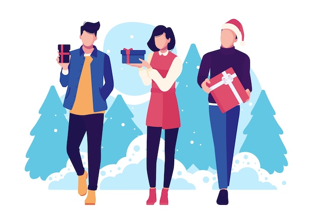 Free vector people buying christmas gifts and having trees on background