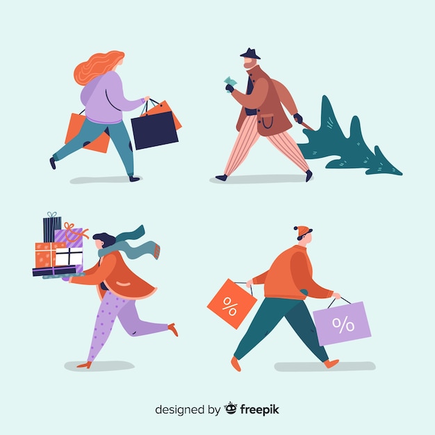 Free vector people buying christmas gifts set