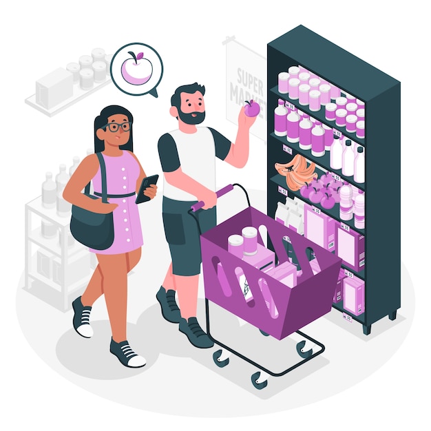 People buying food at supermarket concept illustration