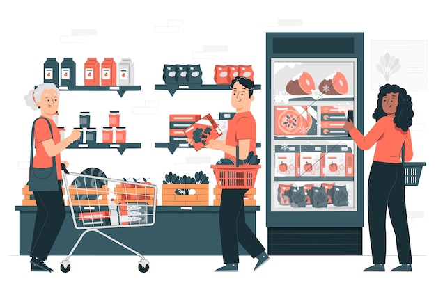 Vettore gratuito persone che acquistano cibo all'illustrazione del concetto di supermercato