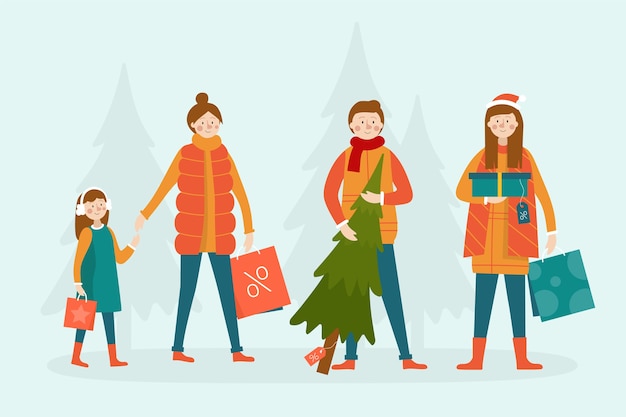 People buying gifts winter season background