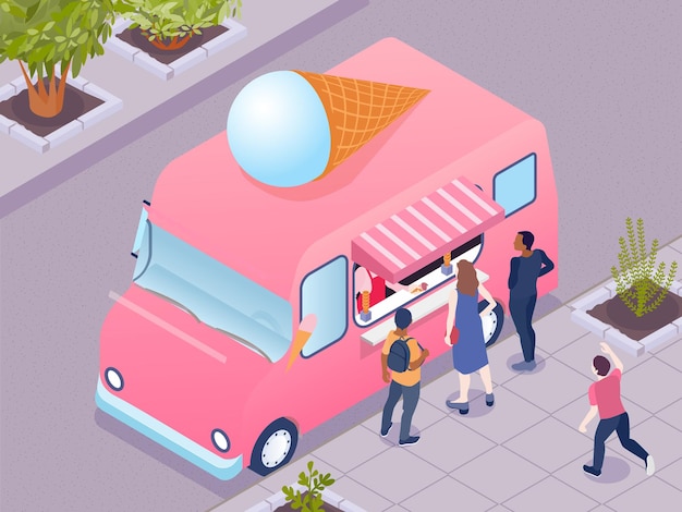 Persone che acquistano gelato al camion rosa 3d isometrico