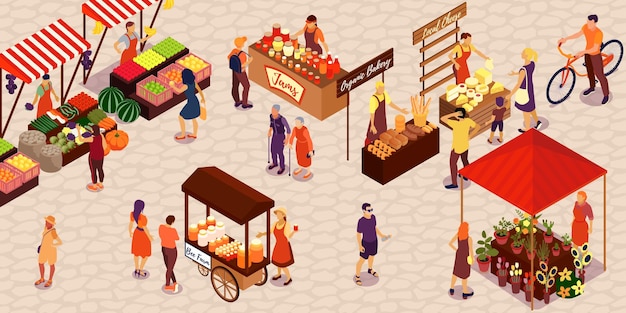 無料ベクター ファーマーズマーケットで野菜、果物、蜂蜜、チーズ、パン、花、ジャムを買う人は等尺性