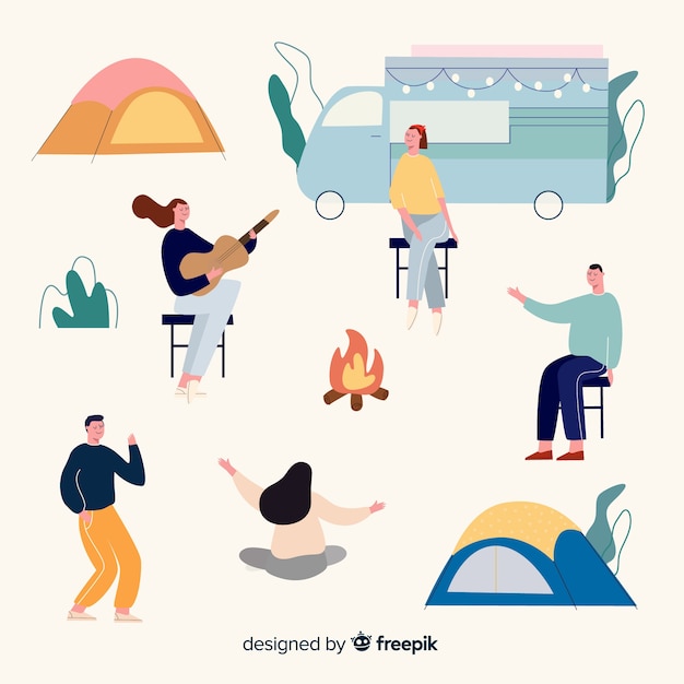 People camping hand drawn style collection