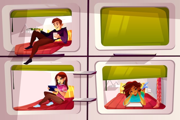 People in capsule hotel illustration of young boy and girl traveler in pod hostel.